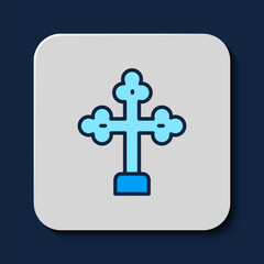 Filled outline Christian cross icon isolated on blue background. Church cross. Vector