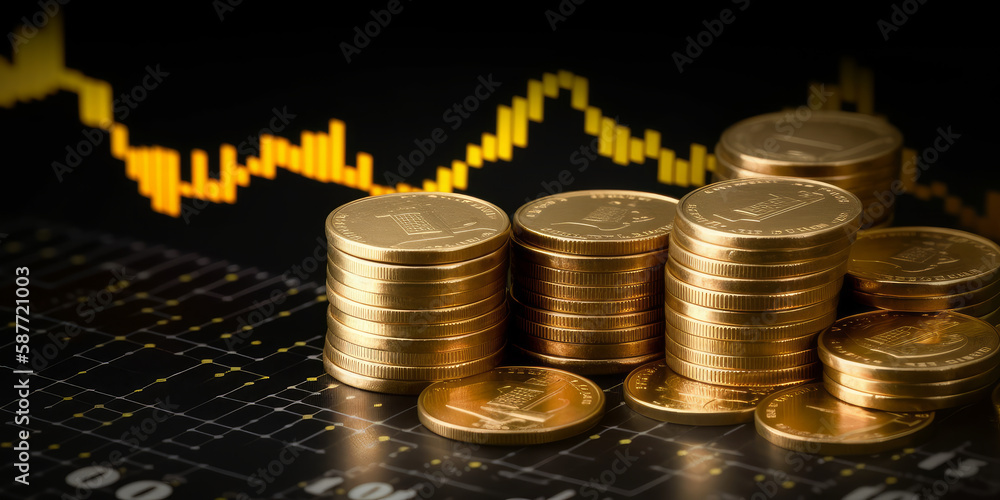 Poster a graph with a group of golden dollar us coins and the outcomes of economic development is displayed