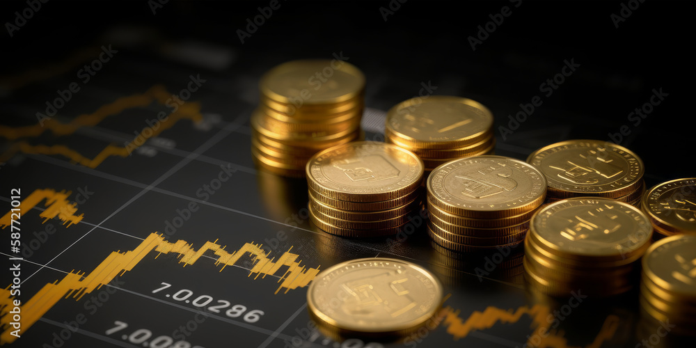 Poster a graph with a group of golden dollar us coins and the outcomes of economic development is displayed