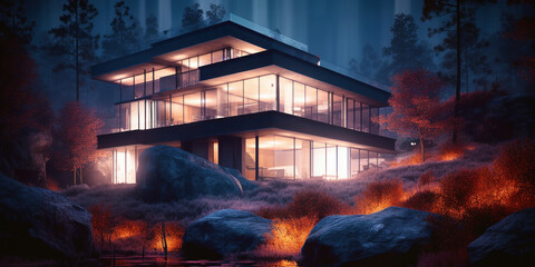 a luxurious home in a nighttime natural setting - Generative AI
