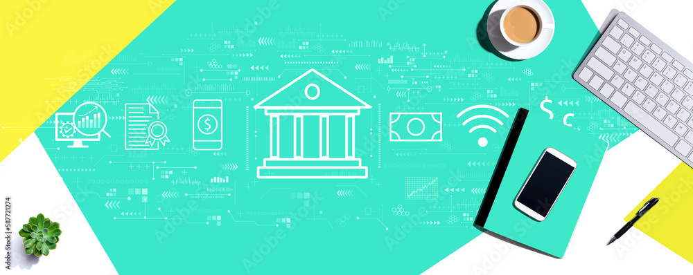 Poster online banking concept with a computer keyboard and office items