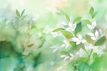 Watercolor blurred green background with flowers and leaves. Empty space on the left.  Generative ai