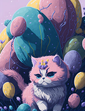 A fluffy kitten surrounded by colorful balloons and confetti, a watercolor effect, digital painting illustration, Generative AI