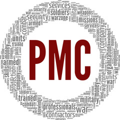 PMC - Private Military Company word cloud conceptual design isolated on white background.