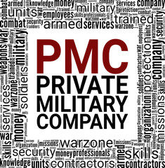 Obraz premium PMC - Private Military Company word cloud conceptual design isolated on white background.