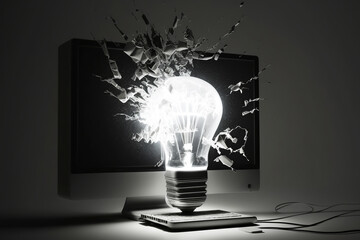 Good ideas concept. Light bulb on a computer screen. Generative AI.