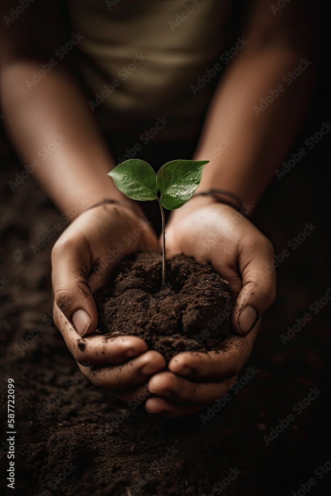 Wall mural environment earth day. between his two hands is the soil and the sapling. environmental nature aware