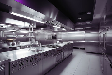 Modern kitchen interior of a large modern restaurant.  Generative ai