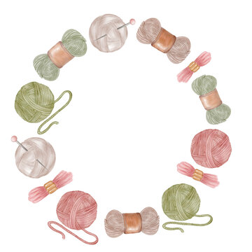 Handmade Yarn and Thread Wreath &ndash; Watercolor Crafting Frame PNG