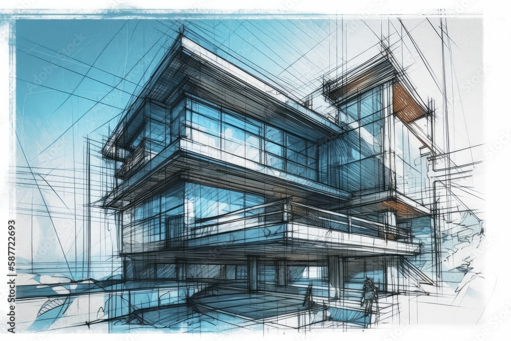 Poster multi-story building with numerous windows and architectural details. generative ai