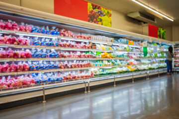 Defocused blur female shopping shopping in the supermarket for health a shopping shelf vegetable and fruit put on them at food