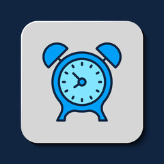 Filled outline Alarm clock icon isolated on blue background. Wake up, get up concept. Time sign. Vector