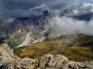 Fototapeta na wymiar Pale di San Martino Mountains near San Martino di Castrozza, Italian Dolomites, Europe 