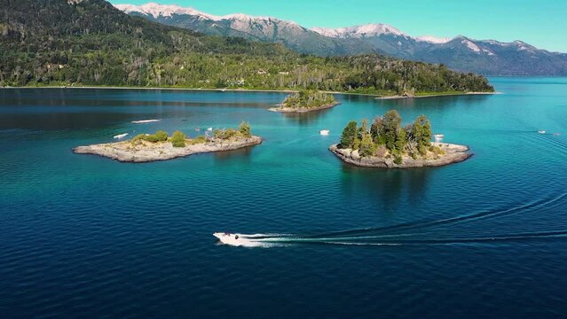 Patagonia's Majestic Nahuel Huapi Lake: Aerial Cinematic Footage of Mountains, Islands, Boats, and Forests
