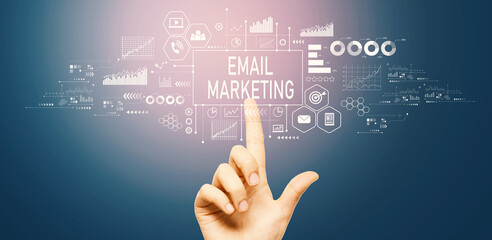 Email marketing with hand pressing a button on a technology screen