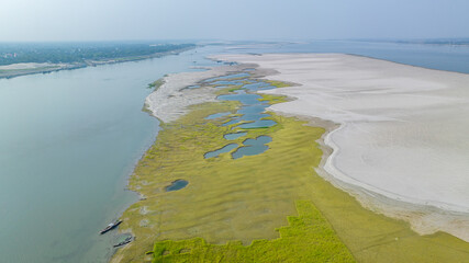 Jamuna big river and beach aerial beautiful landscape video footage, Sariakandi, bogura, Rajshahi...