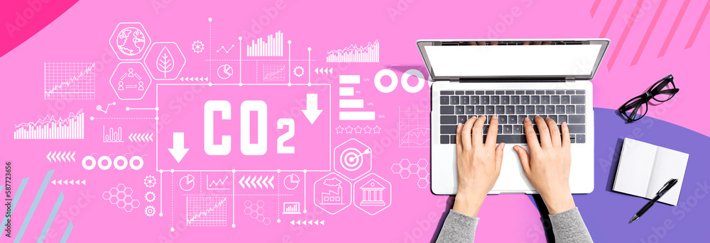 Aufkleber reduce co2 theme with person using a laptop computer