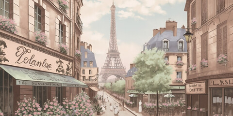 Fototapeta na wymiar Parisian Dream: A Vintage Travel Poster of a Charming Street Scene with a Café, Flower Market, and a Glimpse of the Eiffel Tower in the Distance.