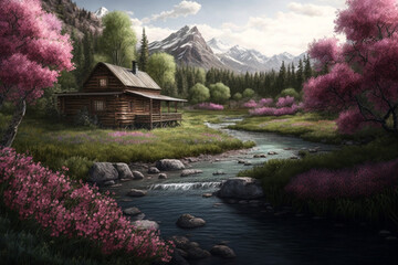 Fototapeta premium Majestic view of a wood log touristic cabin with a river nearby and mountain. Beautiful serene rustic landscape illustration. Ai generated
