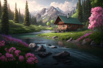 Fototapeta premium Majestic view of a wood log touristic cabin with a river nearby and mountain. Beautiful serene rustic landscape illustration. Ai generated