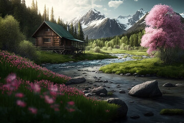 Fototapeta na wymiar Majestic view of a wood log touristic cabin with a river nearby and mountain. Beautiful serene rustic landscape illustration. Ai generated