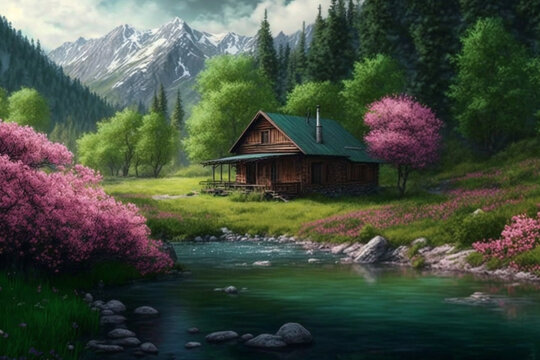 Majestic view of a wood log touristic cabin with a river nearby and mountain. Beautiful serene rustic landscape illustration. Ai generated