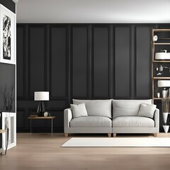 Cozy modern living room with sofa and black wall, mockup, generate ai