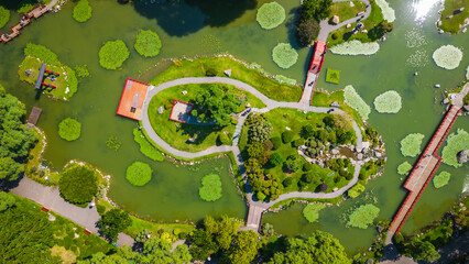 Aerial View Above Japanese Gardens Scenic Park Greenery in Buenos Aires Argentina during Warm Summer, Travel and Tourism South America