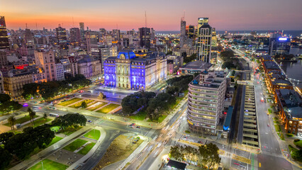 Fototapeta na wymiar Buenos Aires aerial drone cityscape skyline illuminated at night 