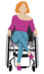 Une femme handicapée avec un pull rose et un jean dans son fauteuil roulant avec une attitude positive envers son handicap. Position différente. Concept inclusion, lutte contre les préjugés.