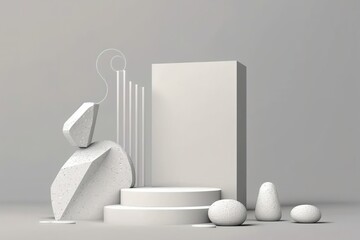 3D Generative AI created a 3D geometric podium with a gray background suitable for displaying beauty items.