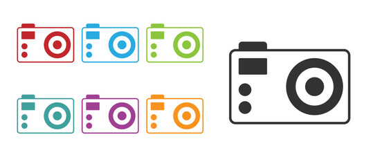 Black Photo camera icon isolated on white background. Foto camera. Digital photography. Set icons colorful. Vector