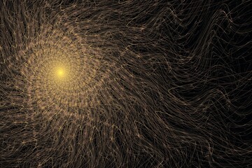 Orange swirling pattern of crooked threads on a black background. Abstract fractal 3D rendering