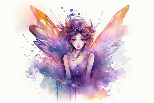 Ethereal purple fairy with delicate gossamer wings, enchanting atmosphere, magical mood, soft twilight glow - Generative Ai