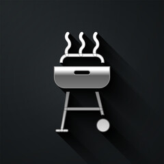 Silver Barbecue grill icon isolated on black background. BBQ grill party. Long shadow style. Vector