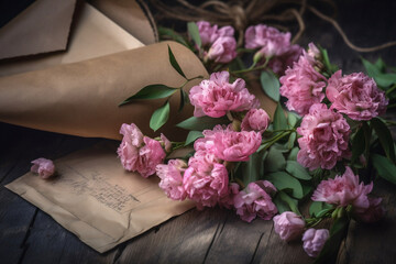 pink flowers on wooden background with old paper