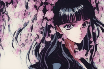 Ai Generated Digital Illustration of 80's Style Anime Girl Portrait With Cherry Blossoms