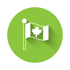 White Flag of Canada icon isolated with long shadow background. North America country flag on flagpole. Green circle button. Vector