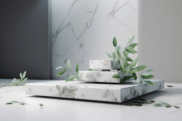 Product presentation with a white stone podium with green leaves