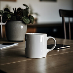 A blank black and white mug mockups on the kitchen desk. White mug on the holiday table. Mockup of a couple white mugs on the table.