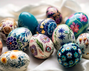Fototapeta na wymiar variety of hand-painted Easter eggs with intricate designs and patterns. Springtime Art A Display of Hand-Painted Easter Egg Designs