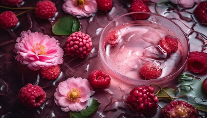 raspberry with flowers in water