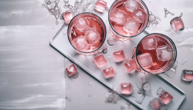 pink ice cubes on a glass for beauty product
