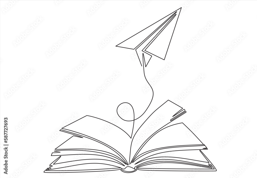 Poster continuous one line drawing of open book with flying paper plane. vector illustration on white backg