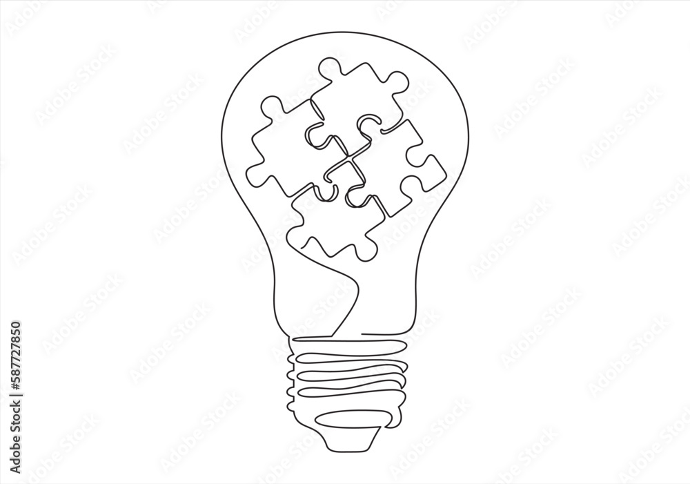 Aufkleber continuous one line drawing of light bulb and grup of puzzle. inside. puzzle game symbol and iconic 