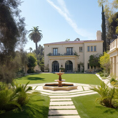 Luxury house with green yard and fountain, generative ai