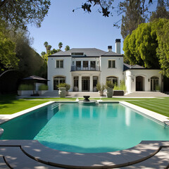 Fototapeta premium Luxury house with green yard and swimming pool