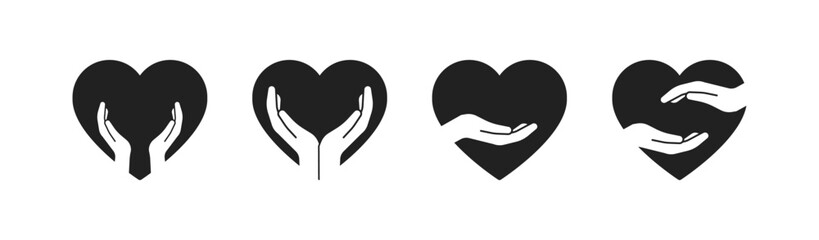 Heart with hends inside it black icon set. Love and care logo. Vector EPS 10