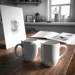Fototapeta na wymiar A blank black and white mug mockups on the kirchen desk