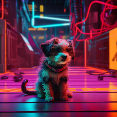 illustrazione di cane cyberpunk in ambiente con colori al neon, creato con intelligenza artificiale